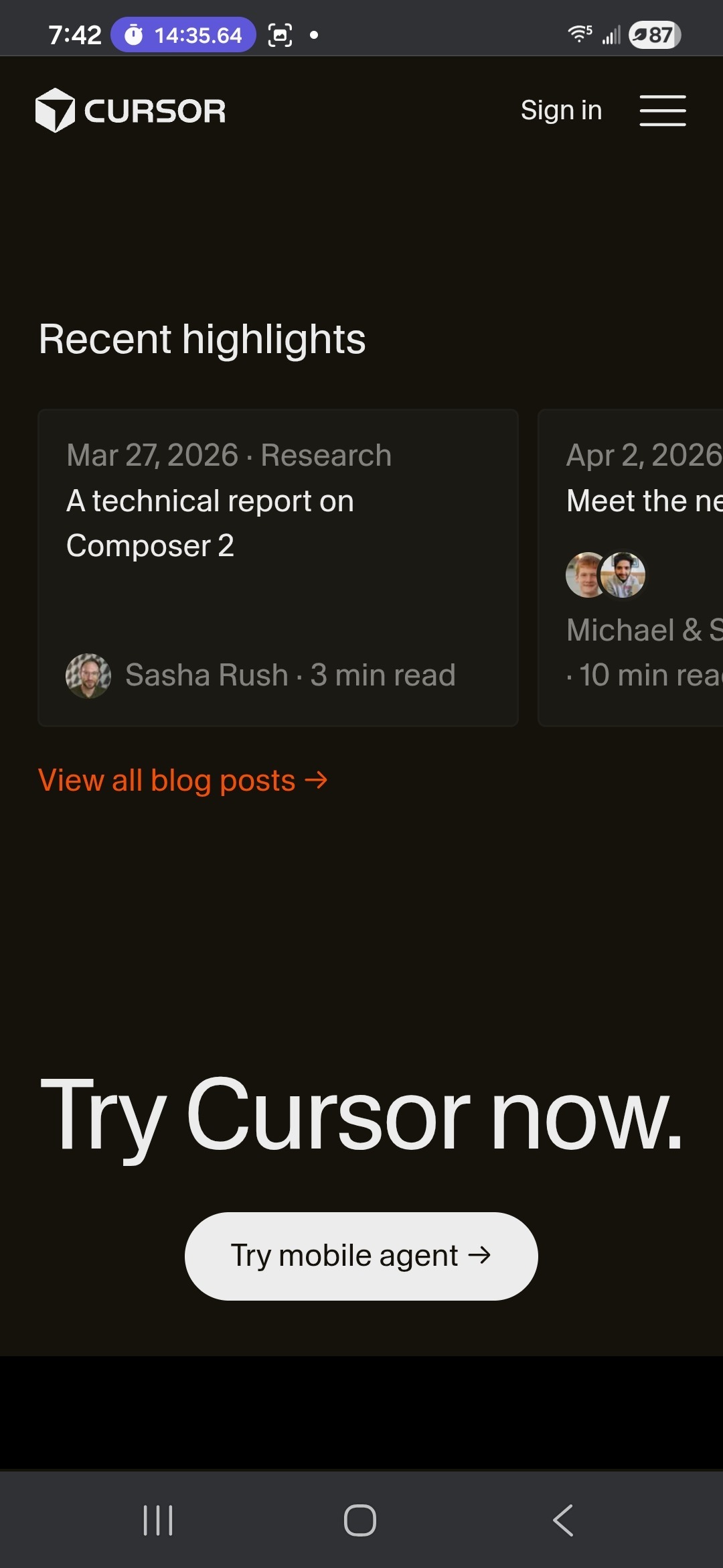 Cursor mobile — “Try Cursor now” closing CTA with pill button