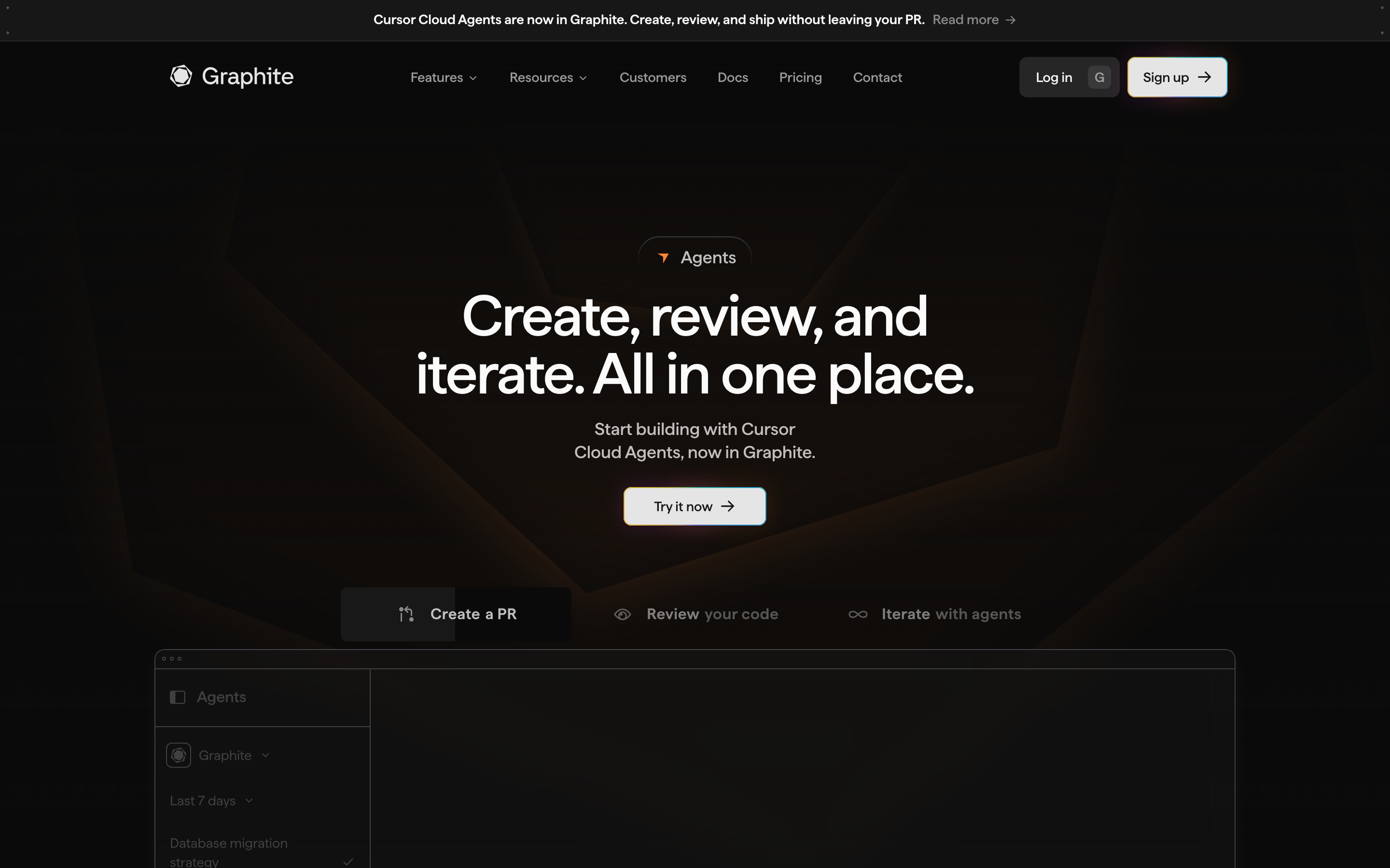Graphite Agents feature page with warm light bleed at the top, pill badge, and “Create, review, and iterate” headline