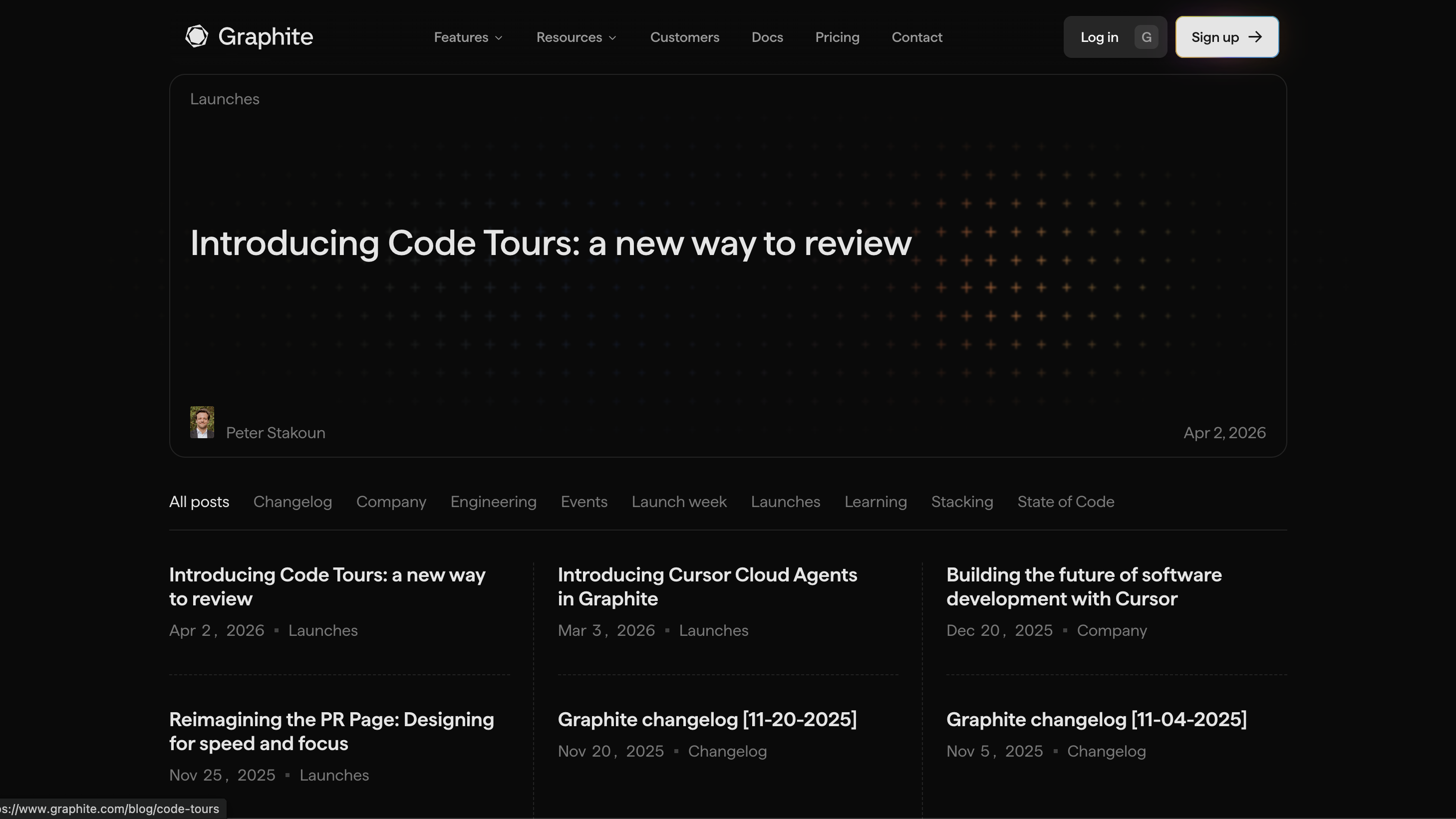 Graphite blog page with the “Introducing Code Tours” feature card and a custom dotted-grid background