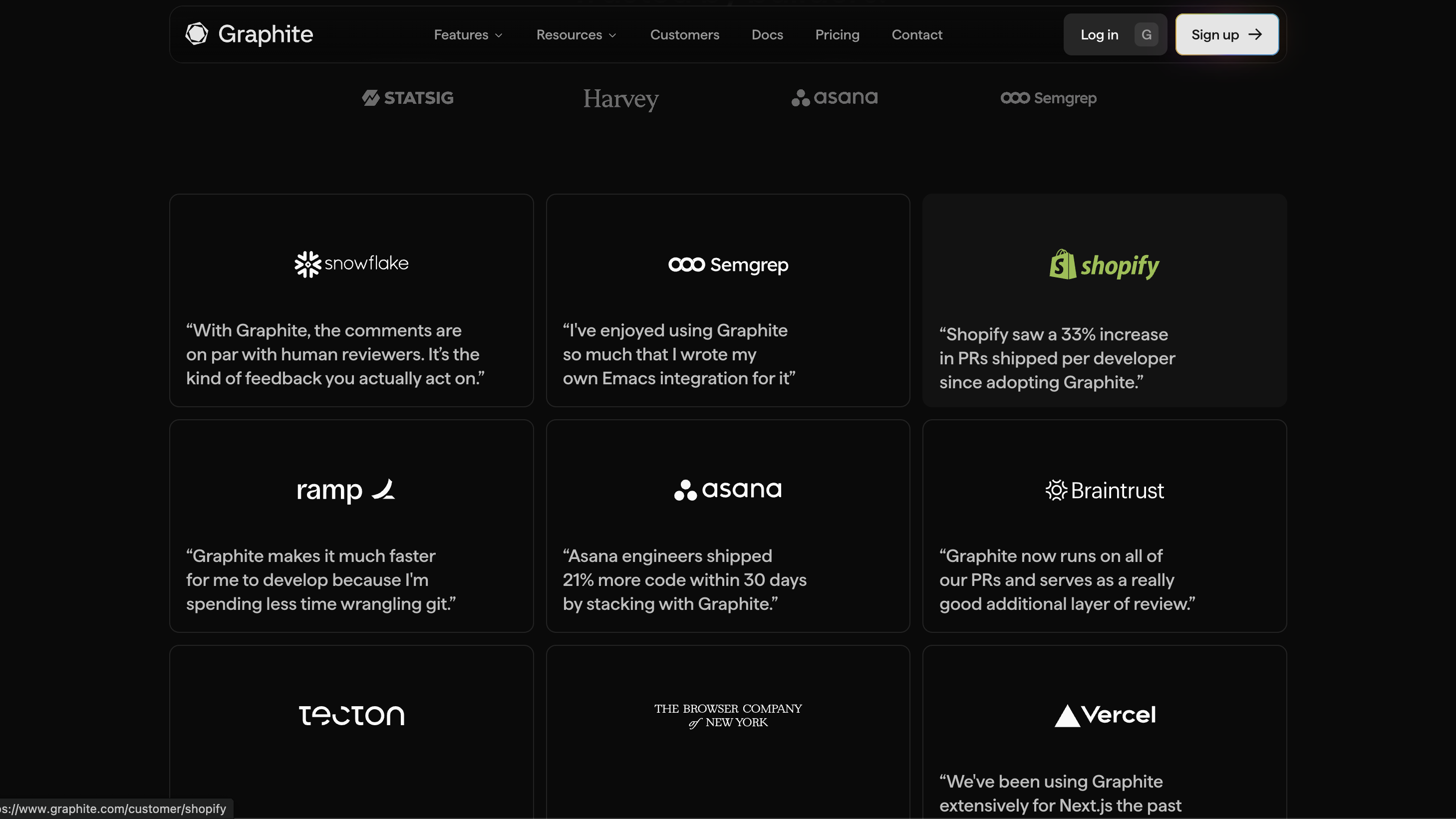 Graphite customers page with logos for Statsig, Harvey, Asana, Snowflake, Semgrep, Shopify, Ramp, and Braintrust plus per-customer quotes