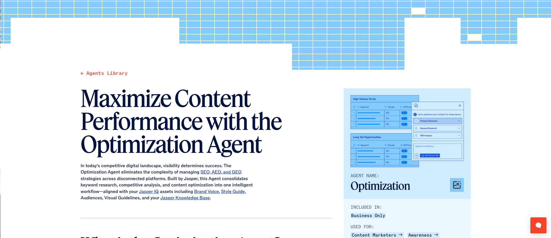 Jasper Platform page with Agents, Content Pipelines, and Jasper IQ pillars
