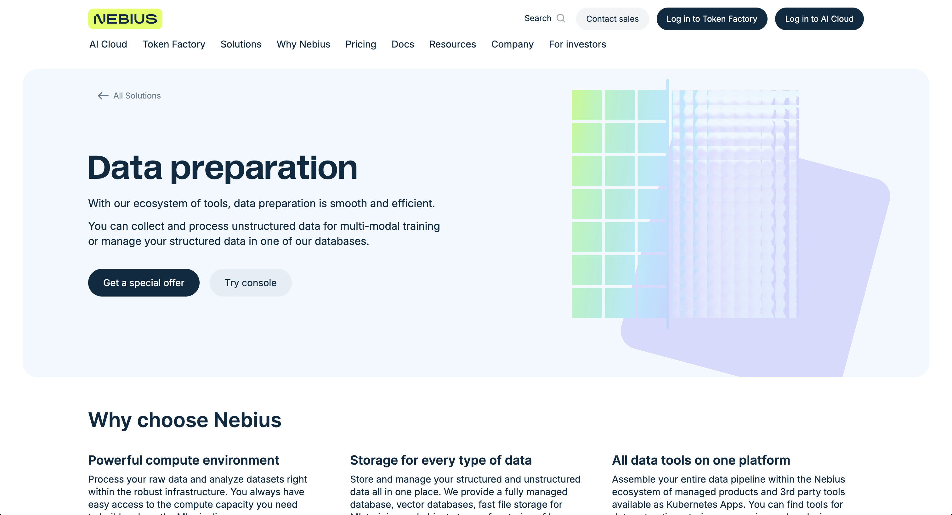 Nebius product page with a geometric block graphic and a Get a special offer / Try console CTA pair